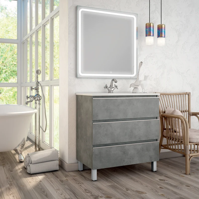 Meuble de salle de bain 80cm simple vasque - 3 tiroirs - PALMA et miroir Led VELDI