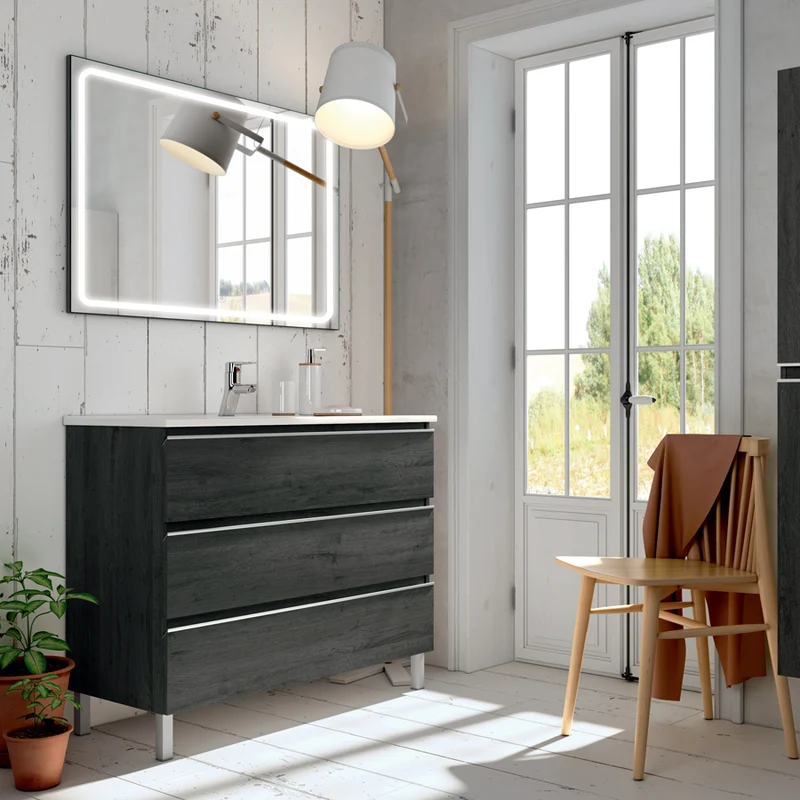 Meuble de salle de bain 80cm simple vasque - 3 tiroirs - PALMA et miroir Led VELDI