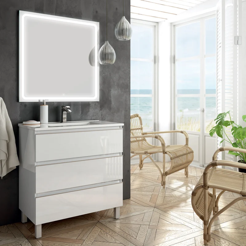 Meuble de salle de bain 80cm simple vasque - 3 tiroirs - PALMA et miroir Led VELDI