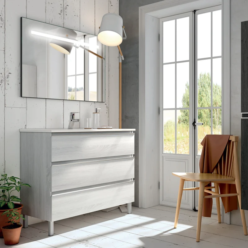 Meuble de salle de bain 80cm simple vasque - 3 tiroirs - PALMA et miroir Led STAM