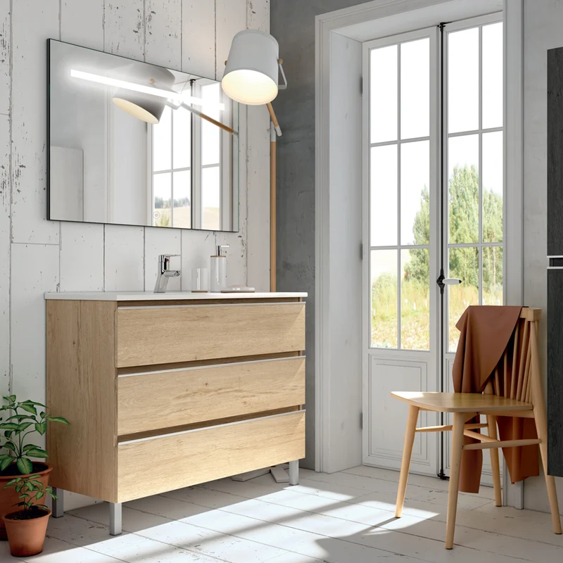 Meuble de salle de bain 80cm simple vasque - 3 tiroirs - PALMA et miroir Led STAM