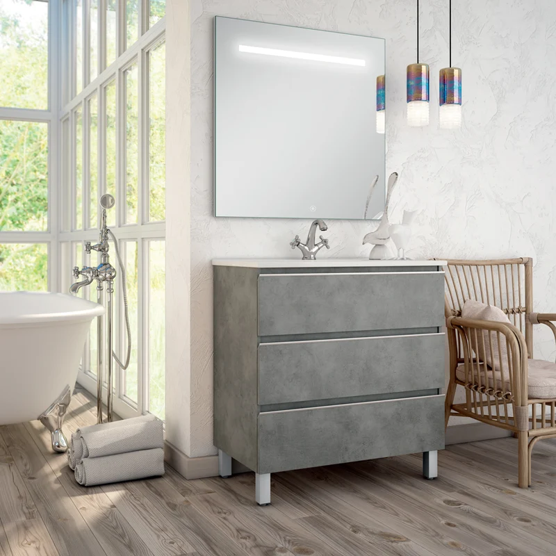 Meuble de salle de bain 80cm simple vasque - 3 tiroirs - PALMA et miroir Led STAM