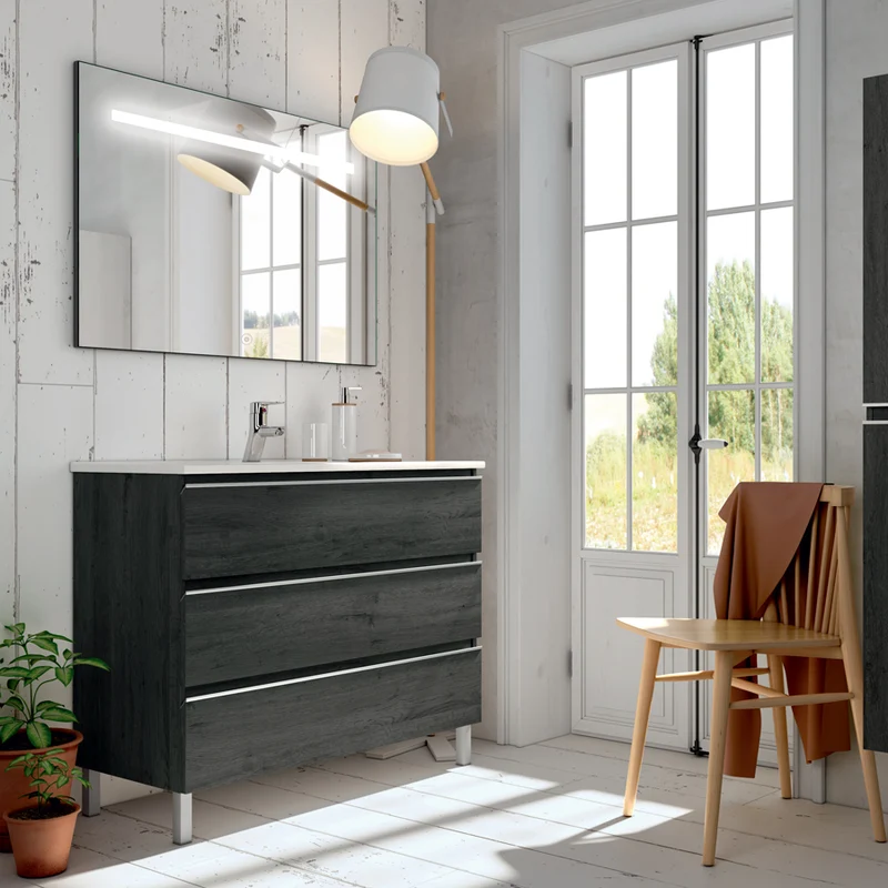Meuble de salle de bain 80cm simple vasque - 3 tiroirs - PALMA et miroir Led STAM