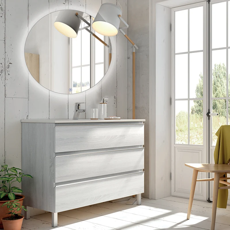 Meuble de salle de bain 60cm simple vasque - 3 tiroirs - PALMA et miroir Led SOLEN