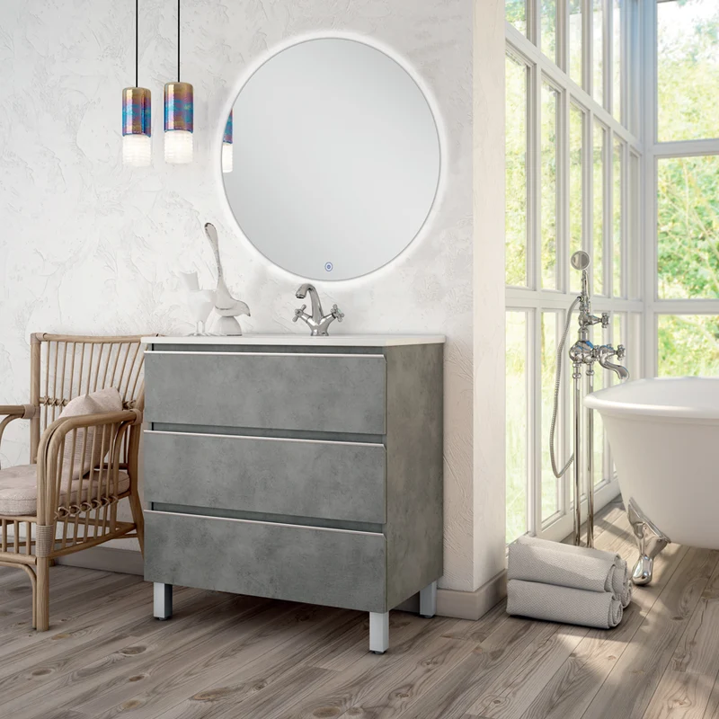 Meuble de salle de bain 60cm simple vasque - 3 tiroirs - PALMA et miroir Led SOLEN