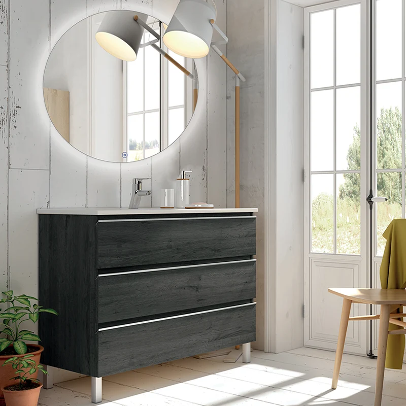Meuble de salle de bain 60cm simple vasque - 3 tiroirs - PALMA et miroir Led SOLEN