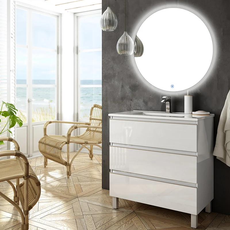 Meuble de salle de bain 60cm simple vasque - 3 tiroirs - PALMA et miroir Led SOLEN