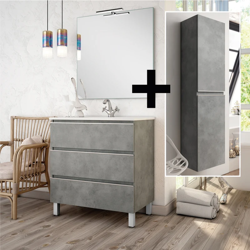 Ensemble meuble de salle de bain 80cm simple vasque + colonne de rangement PALMA