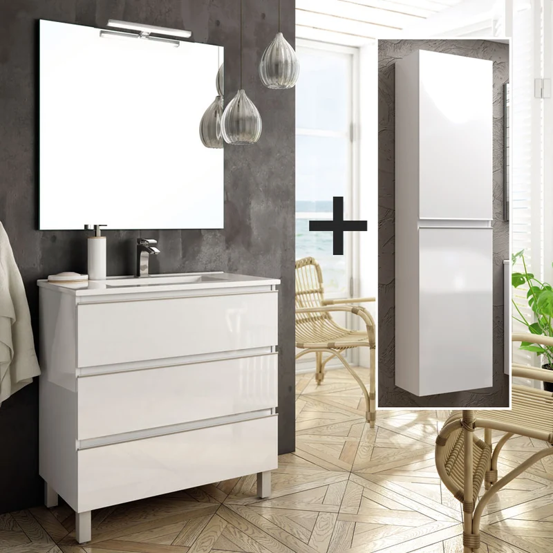 Ensemble meuble de salle de bain 80cm simple vasque + colonne de rangement PALMA