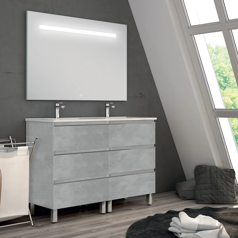 Meuble de salle de bain 120cm double vasque - 6 tiroirs - PALMA et miroir Led STAM