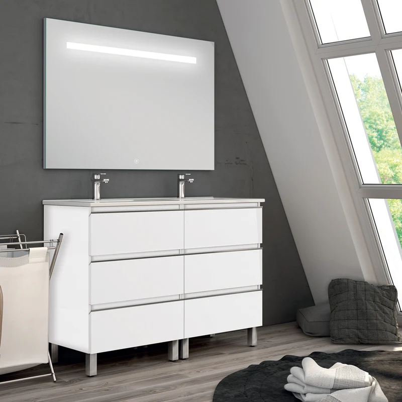 Meuble de salle de bain 120cm double vasque - 6 tiroirs - PALMA et miroir Led STAM