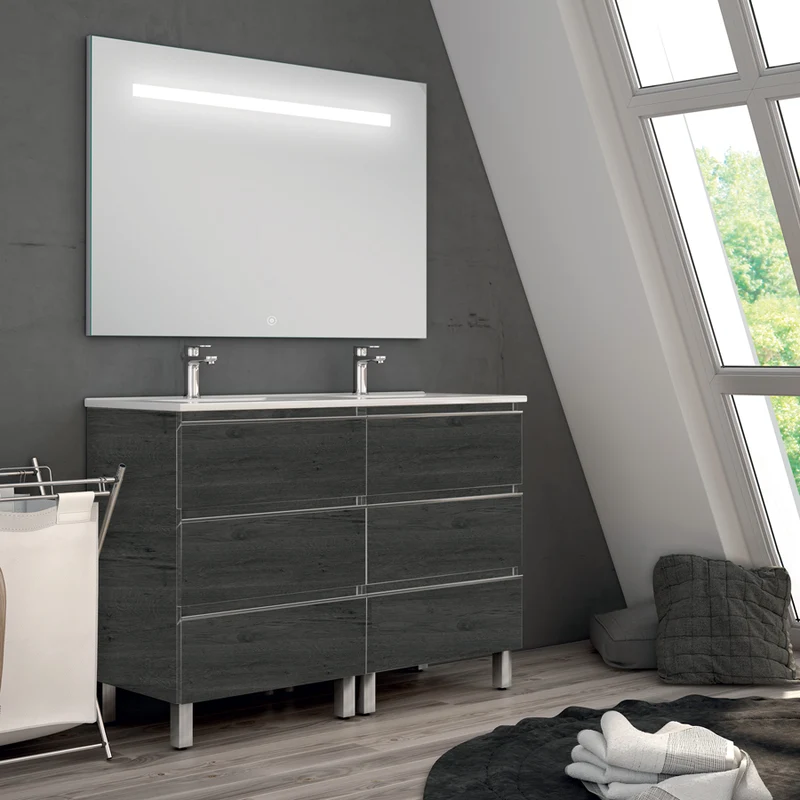 Meuble de salle de bain 120cm double vasque - 6 tiroirs - PALMA et miroir Led STAM