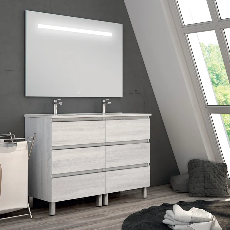 Meuble de salle de bain 120cm double vasque - 6 tiroirs - PALMA et miroir Led STAM