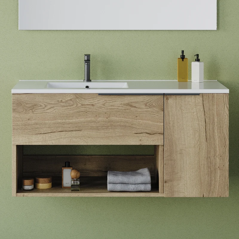 Meuble de salle de bain 100cm avec vasque déportée - 1 tiroir et une niche - MORENA