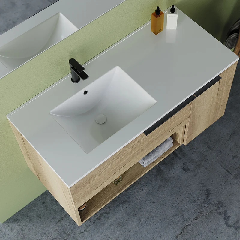 Meuble de salle de bain 100cm avec vasque déportée - 1 tiroir et une niche - MORENA