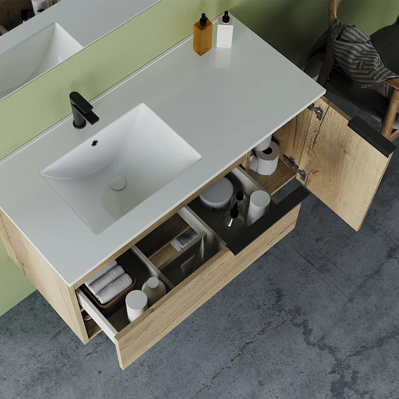Meuble de salle de bain 100cm avec vasque déportée - 1 tiroir et une niche - MORENA