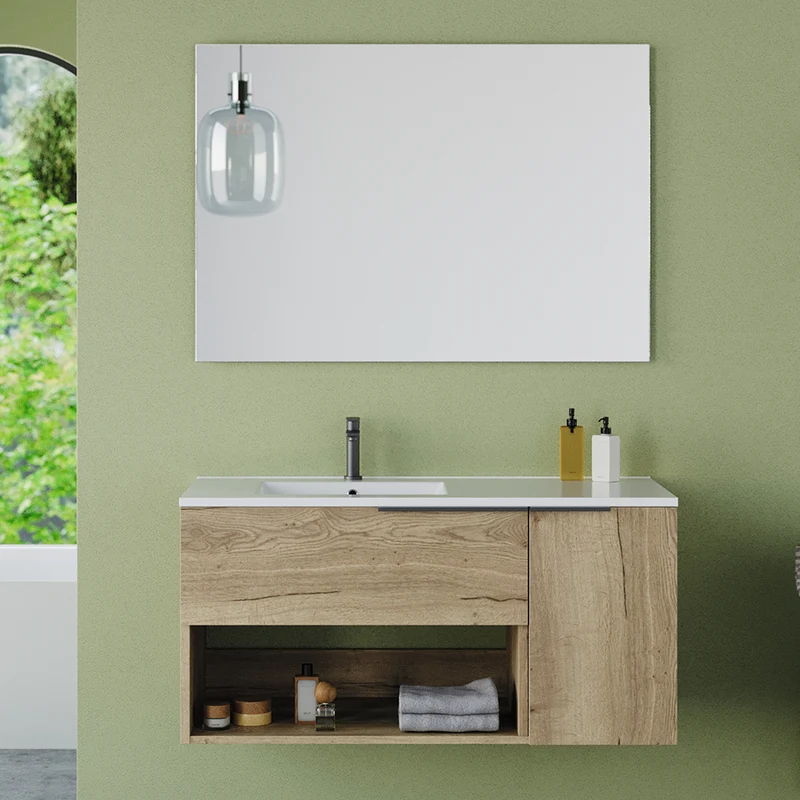 Meuble de salle de bain 100cm avec vasque déportée - 1 tiroir et une niche - MORENA