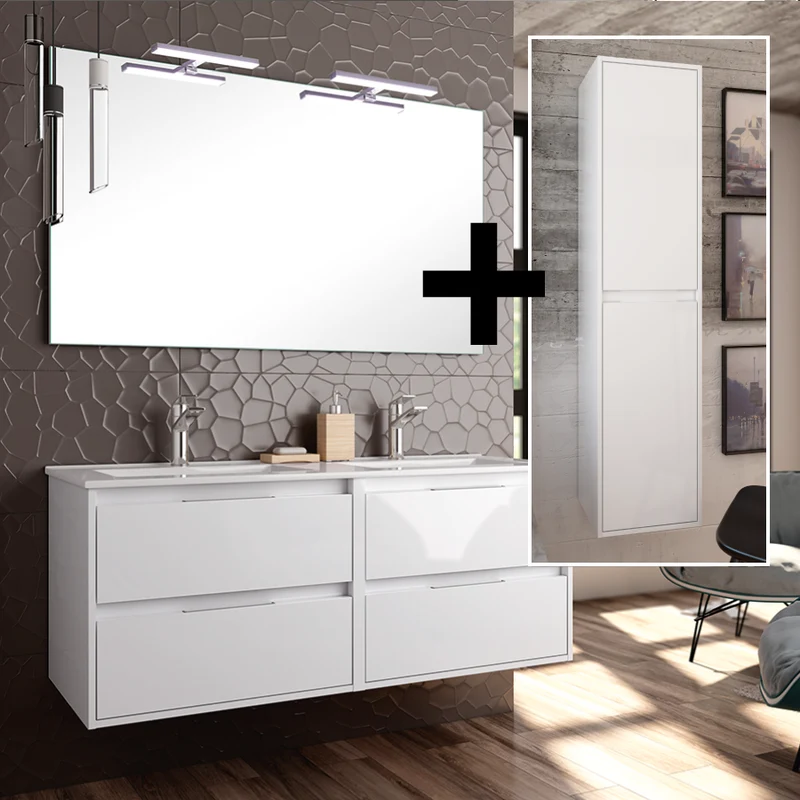 Ensemble meuble de salle de bain 120cm double vasque + colonne de rangement IRIS