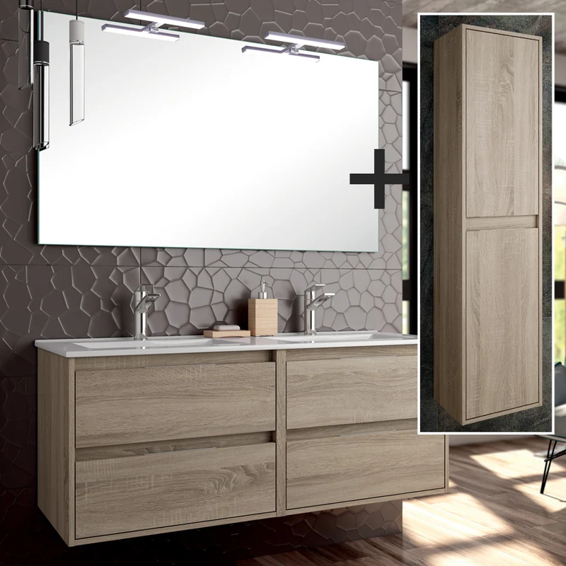 Ensemble meuble de salle de bain 120cm double vasque + colonne de rangement IRIS