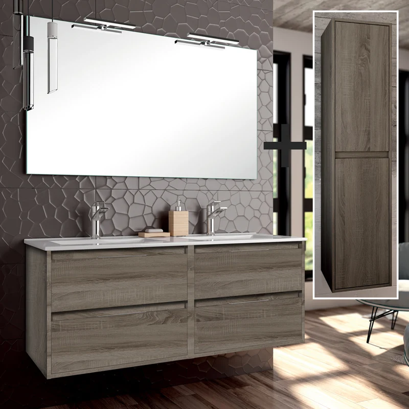 Ensemble meuble de salle de bain 120cm double vasque + colonne de rangement IRIS