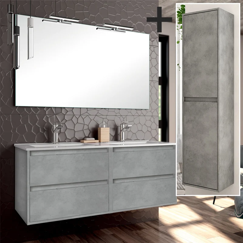 Ensemble meuble de salle de bain 120cm double vasque + colonne de rangement IRIS
