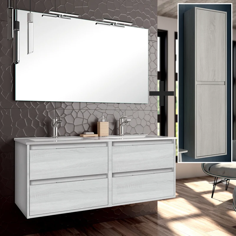 Ensemble meuble de salle de bain 120cm double vasque + colonne de rangement IRIS