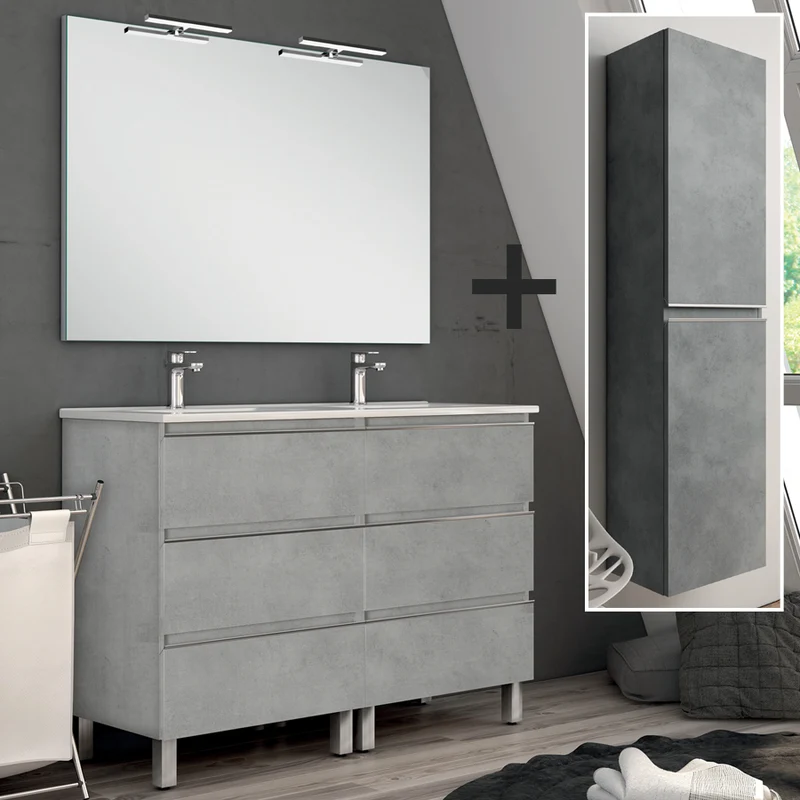 Ensemble meuble de salle de bain 120cm double vasque + colonne de rangement PALMA