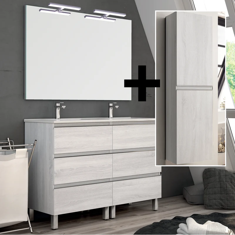 Ensemble meuble de salle de bain 120cm double vasque + colonne de rangement PALMA