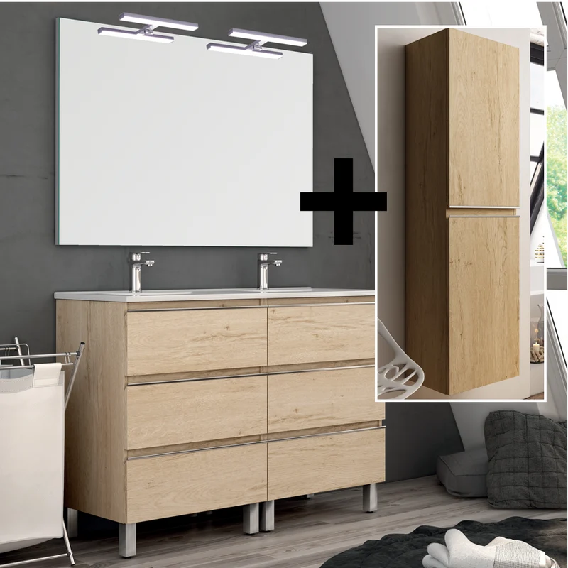 Ensemble meuble de salle de bain 120cm double vasque + colonne de rangement PALMA