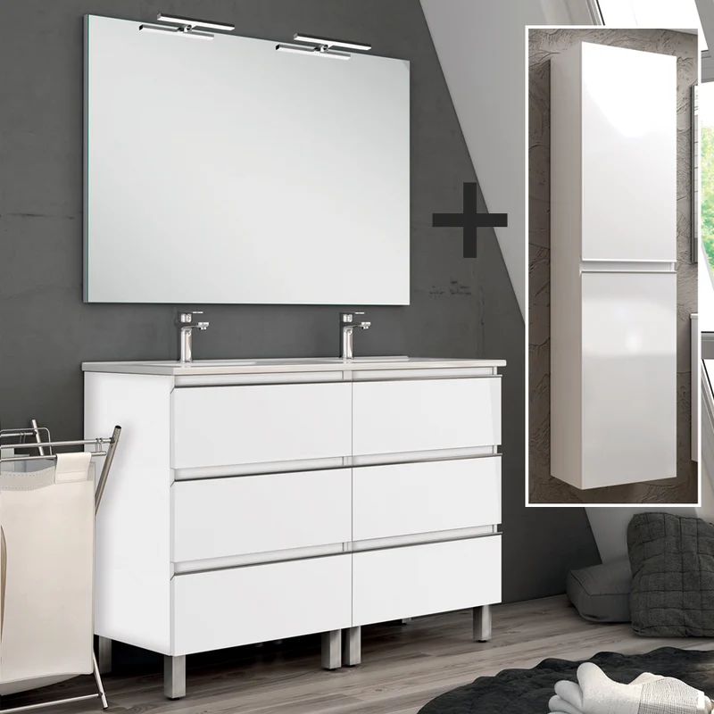 Ensemble meuble de salle de bain 120cm double vasque + colonne de rangement PALMA
