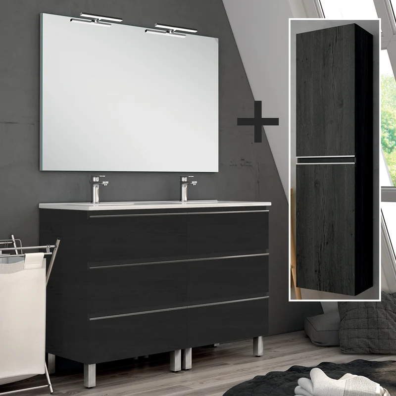 Ensemble meuble de salle de bain 120cm double vasque + colonne de rangement PALMA