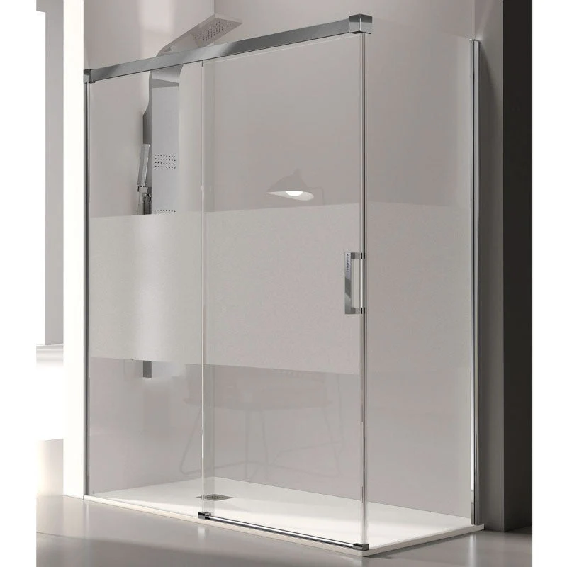 Mampara de ducha frontal + Puerta Corredera GLASÉ perfil Cromado con Cristal serigrafiado
