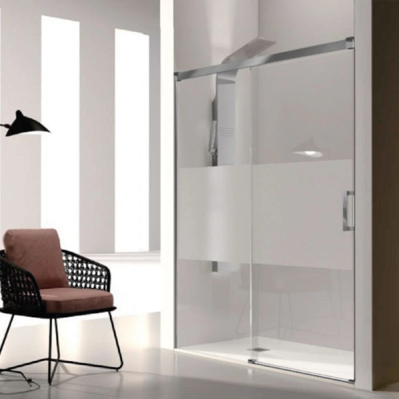 Mampara de ducha frontal + Puerta Corredera GLASÉ perfil Cromado con Cristal serigrafiado