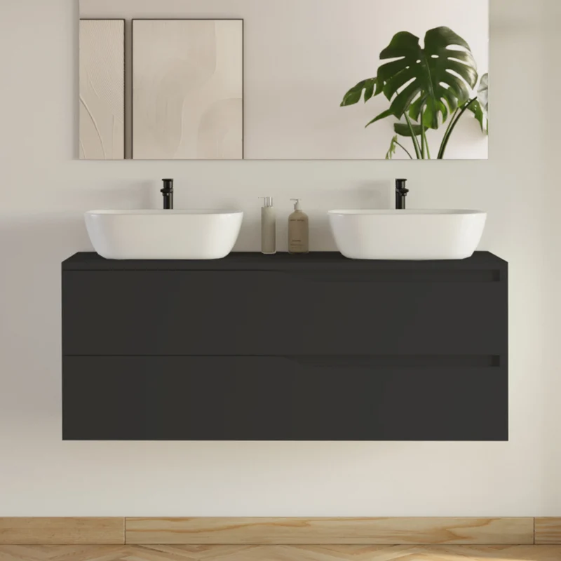 Meuble de salle de bain 120cm avec plateau et 2 vasques à poser Zeus - 2 tiroirs - LUNA