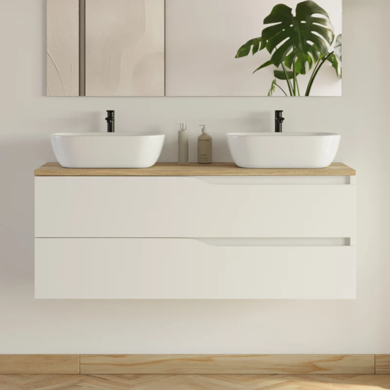 Meuble de salle de bain 120cm avec plateau et 2 vasques à poser Zeus - 2 tiroirs - LUNA