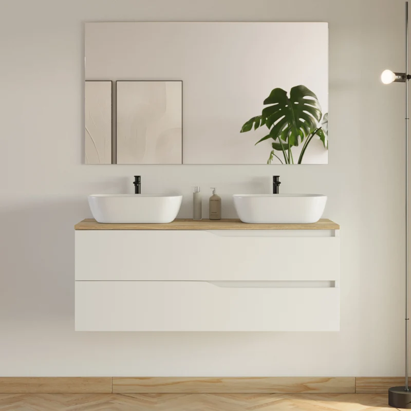 Meuble de salle de bain 120cm avec plateau et 2 vasques à poser Zeus - 2 tiroirs - LUNA