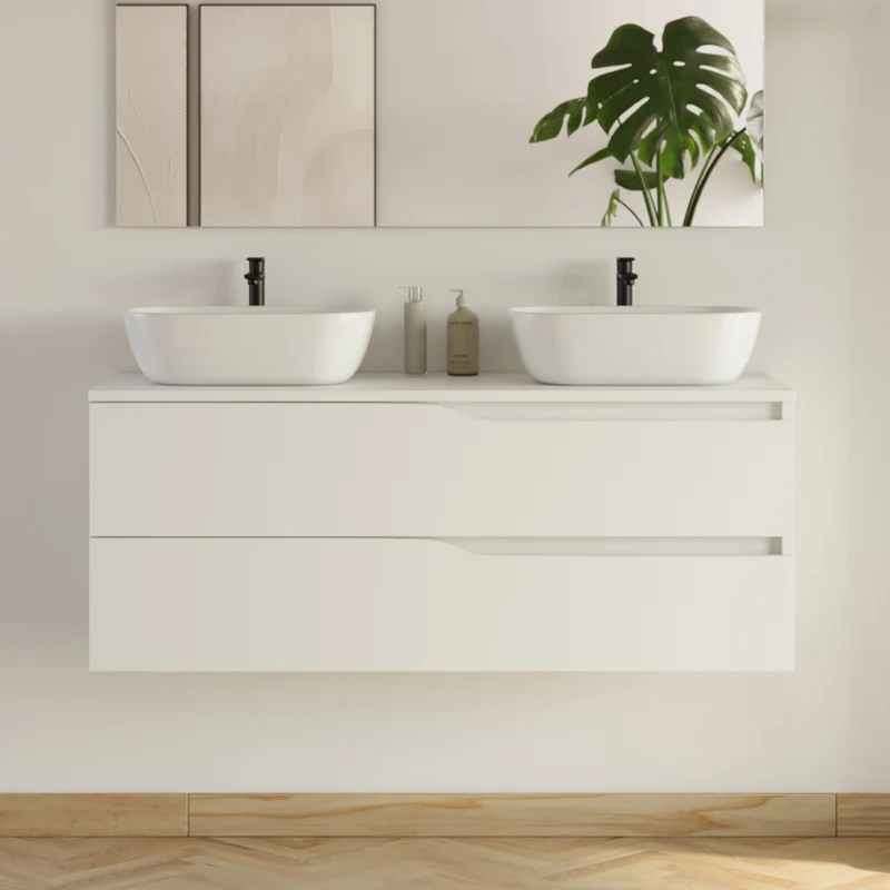Meuble de salle de bain 120cm avec plateau et 2 vasques à poser Zeus - 2 tiroirs - LUNA