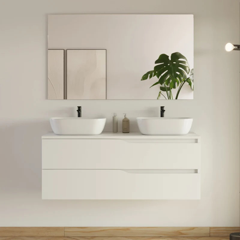 Meuble de salle de bain 120cm avec plateau et 2 vasques à poser Zeus - 2 tiroirs - LUNA