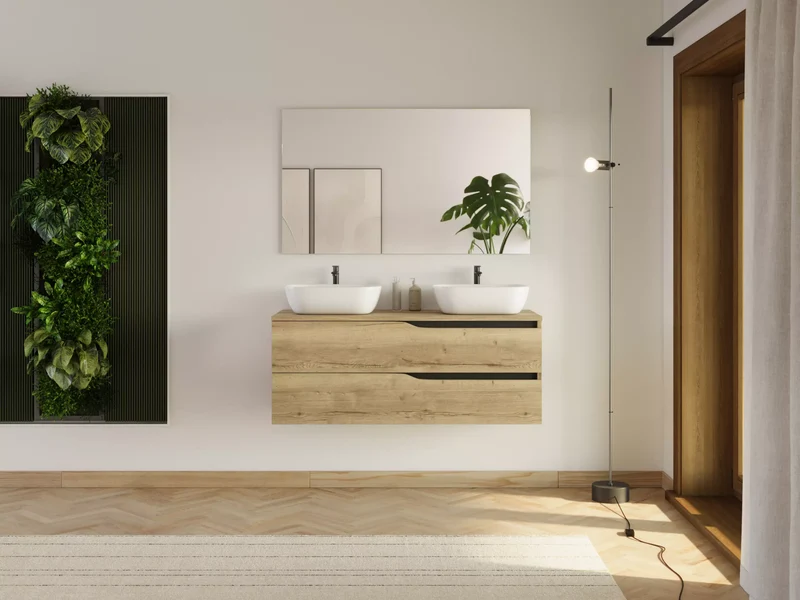 Meuble de salle de bain 120cm avec plateau et 2 vasques à poser Zeus - 2 tiroirs - LUNA