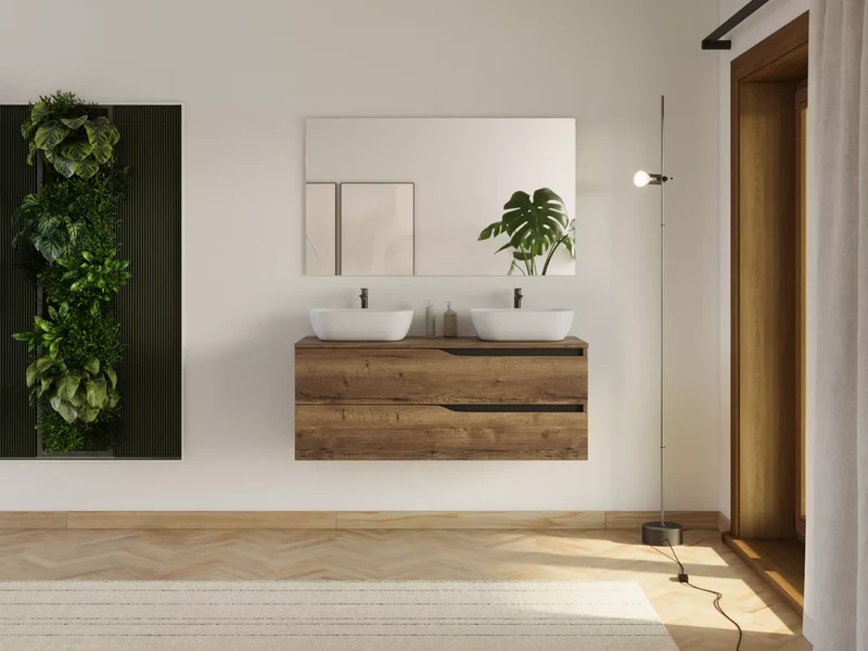Meuble de salle de bain 120cm avec plateau et 2 vasques à poser Zeus - 2 tiroirs - LUNA