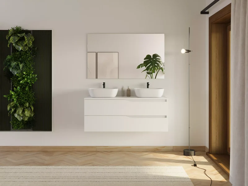 Meuble de salle de bain 120cm avec plateau et 2 vasques à poser Zeus - 2 tiroirs - LUNA