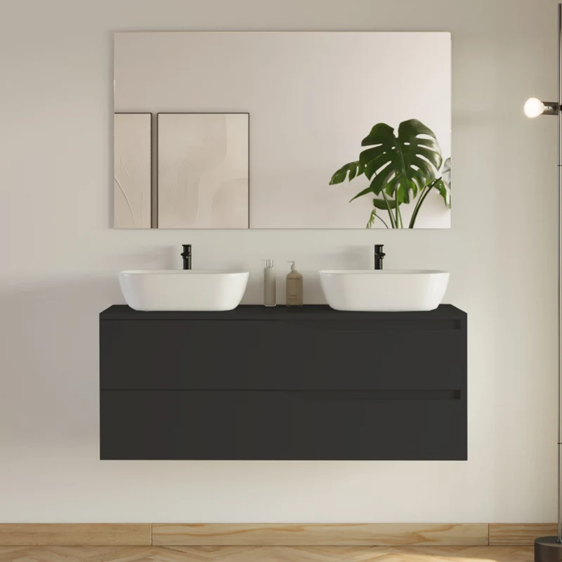 Meuble de salle de bain 120cm avec plateau et 2 vasques à poser Zeus - 2 tiroirs - LUNA