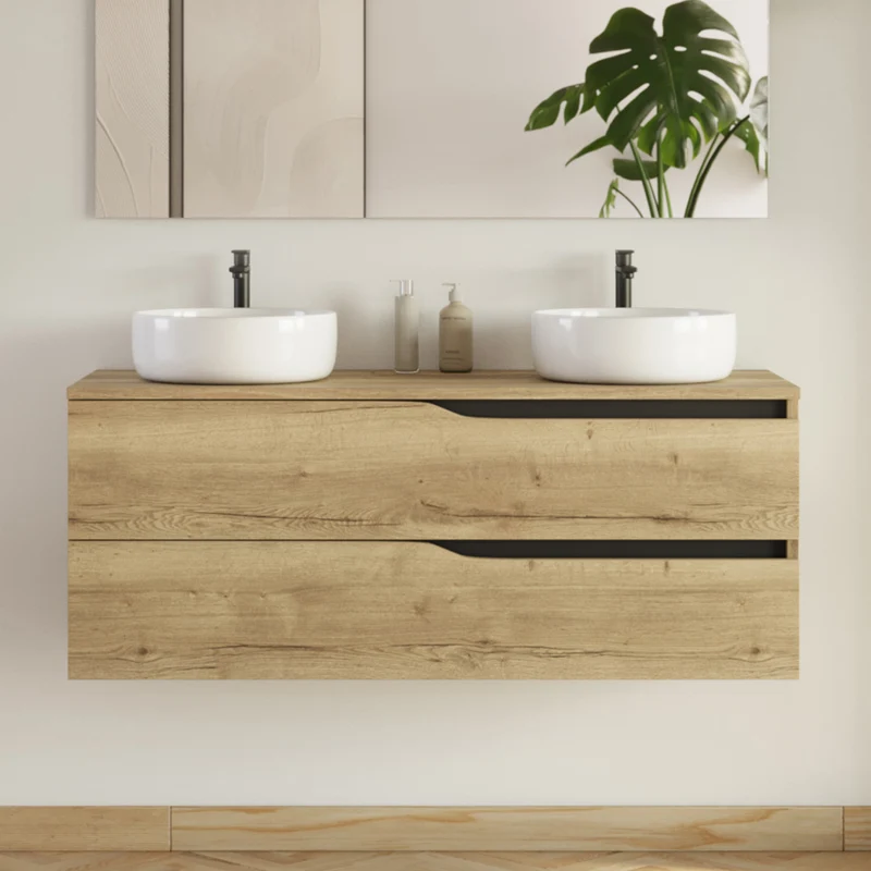 Meuble de salle de bain 120cm avec plateau et 2 vasques à poser Ares - 2 tiroirs - LUNA
