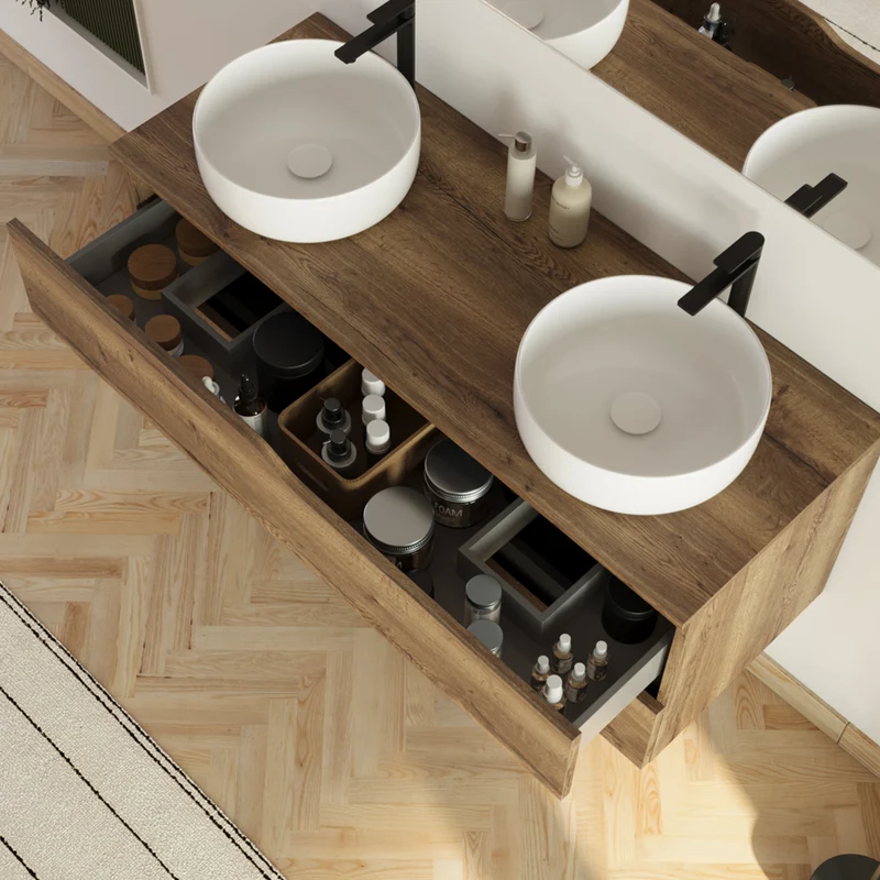 Meuble de salle de bain 120cm avec plateau et 2 vasques à poser Ares - 2 tiroirs - LUNA