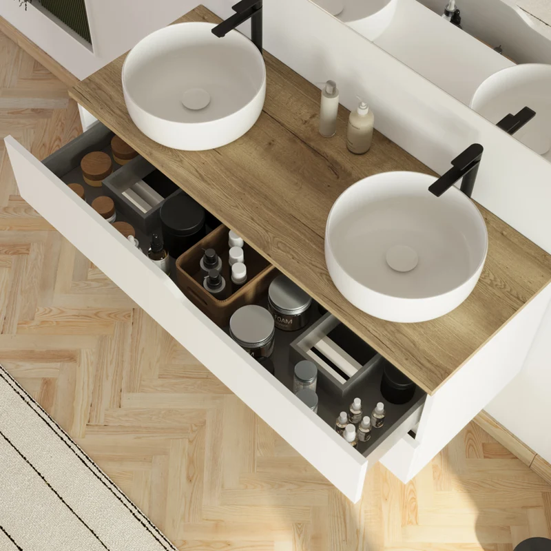 Meuble de salle de bain 120cm avec plateau et 2 vasques à poser Ares - 2 tiroirs - LUNA