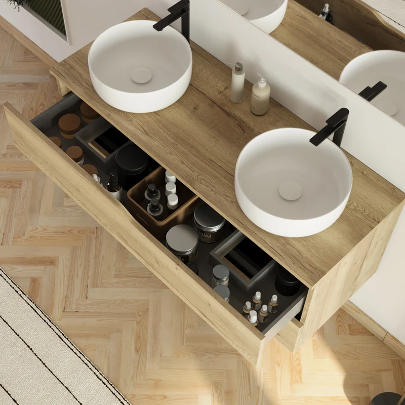 Meuble de salle de bain 120cm avec plateau et 2 vasques à poser Ares - 2 tiroirs - LUNA