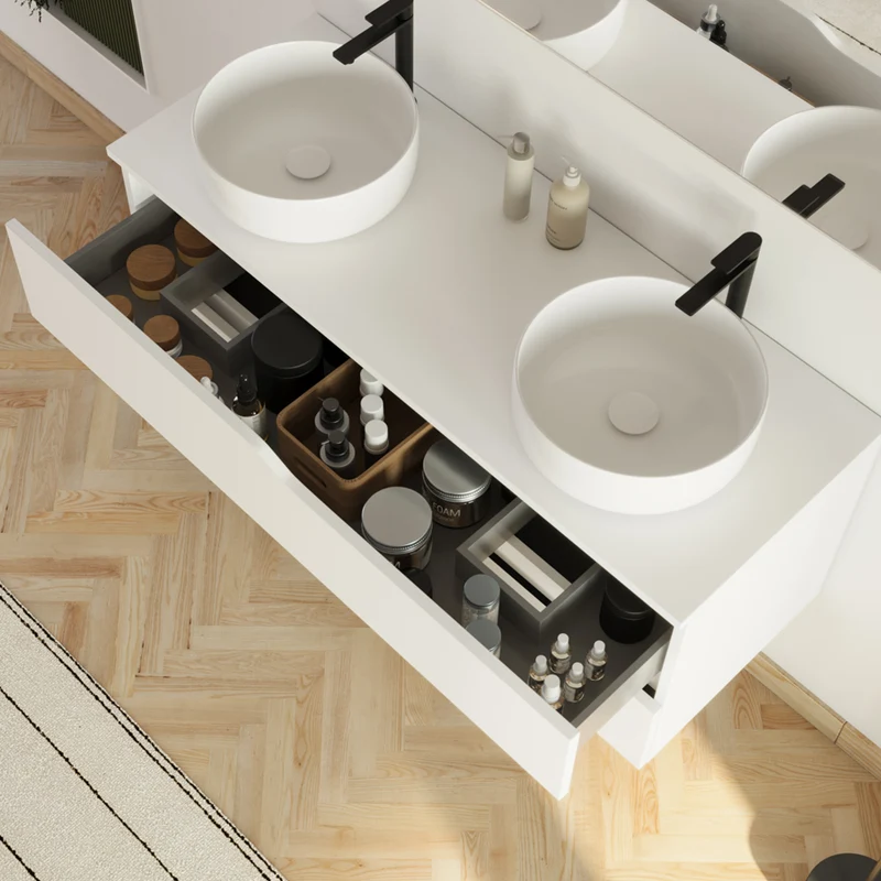 Meuble de salle de bain 120cm avec plateau et 2 vasques à poser Ares - 2 tiroirs - LUNA
