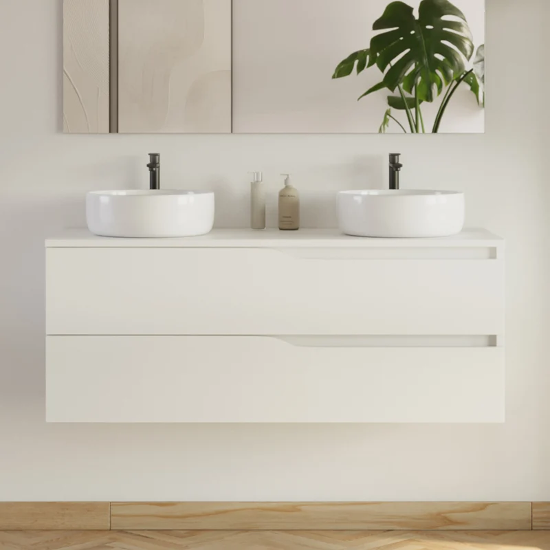 Meuble de salle de bain 120cm avec plateau et 2 vasques à poser Ares - 2 tiroirs - LUNA