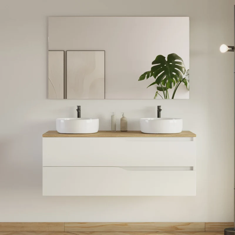 Meuble de salle de bain 120cm avec plateau et 2 vasques à poser Ares - 2 tiroirs - LUNA
