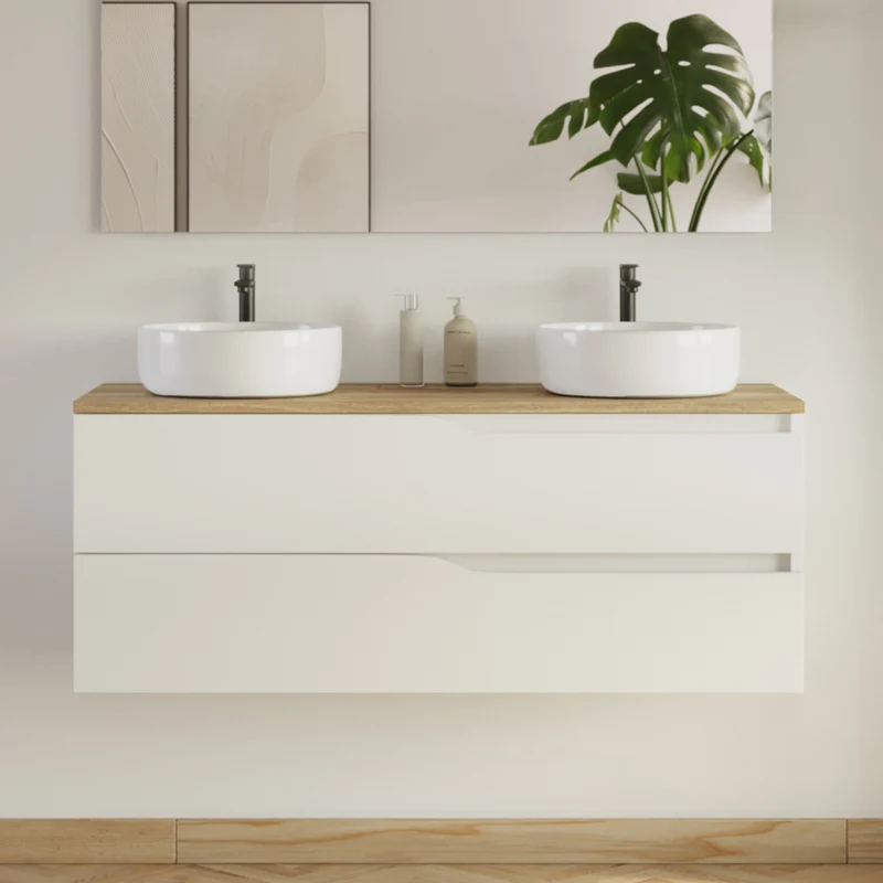 Meuble de salle de bain 120cm avec plateau et 2 vasques à poser Ares - 2 tiroirs - LUNA